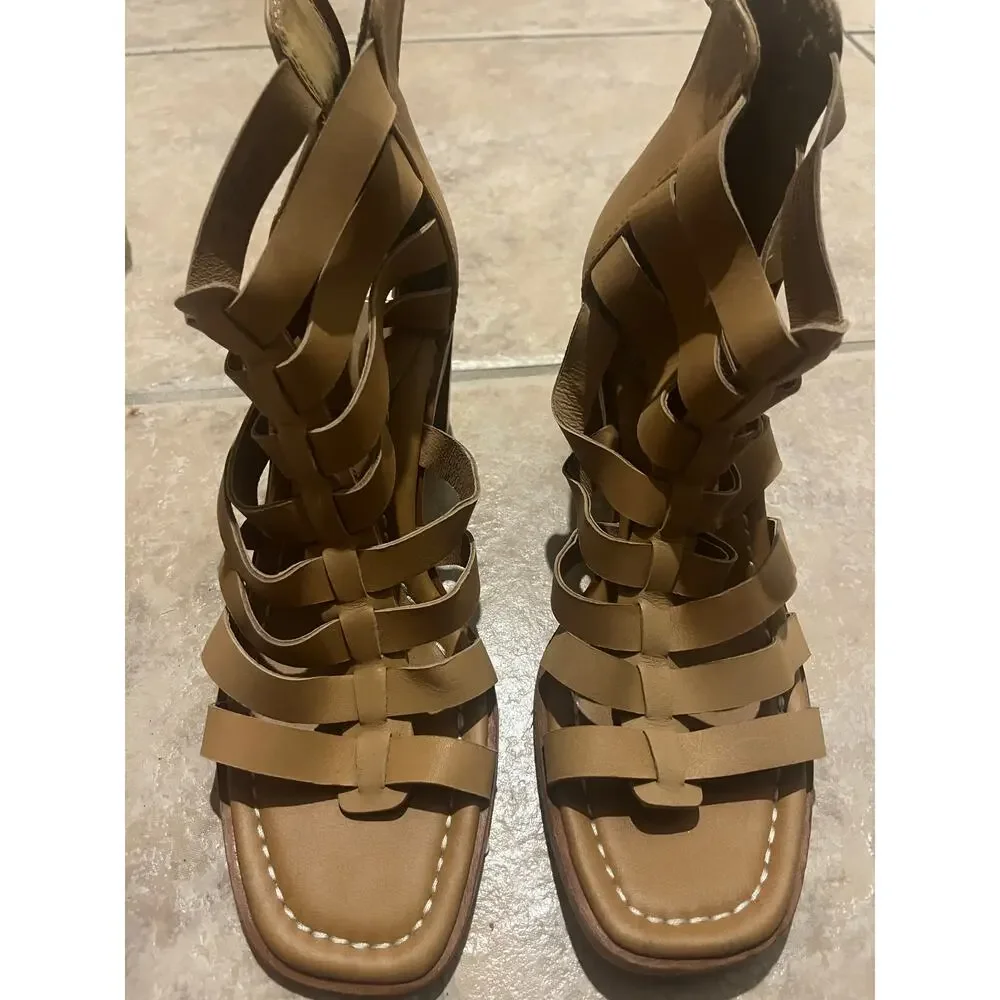 Sofft‎ Womens Size 10 Gladiator Cage Strappy Sandals Brown Block Heel Zip